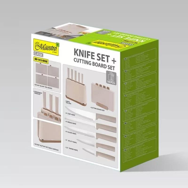 Conjunto de facas com bloco Maestro MR-1412-BEIGE + conjunto de tábuas de corte bege