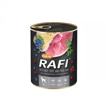 Comida húmida para cães Dolina Noteci Rafi Dog — estômagos de bovino e presunto, lata de 800 g, cães adultos, 78 % de humidade, 9 % de proteína