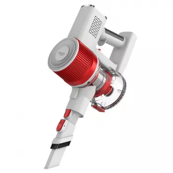 Aspirador com bateria Adler AD 7051 — 300 W máx., bateria 22,2 V, 0,6 L sem saco, tubo de aço inoxidável, EPA F8, luz LED, branco/vermelho