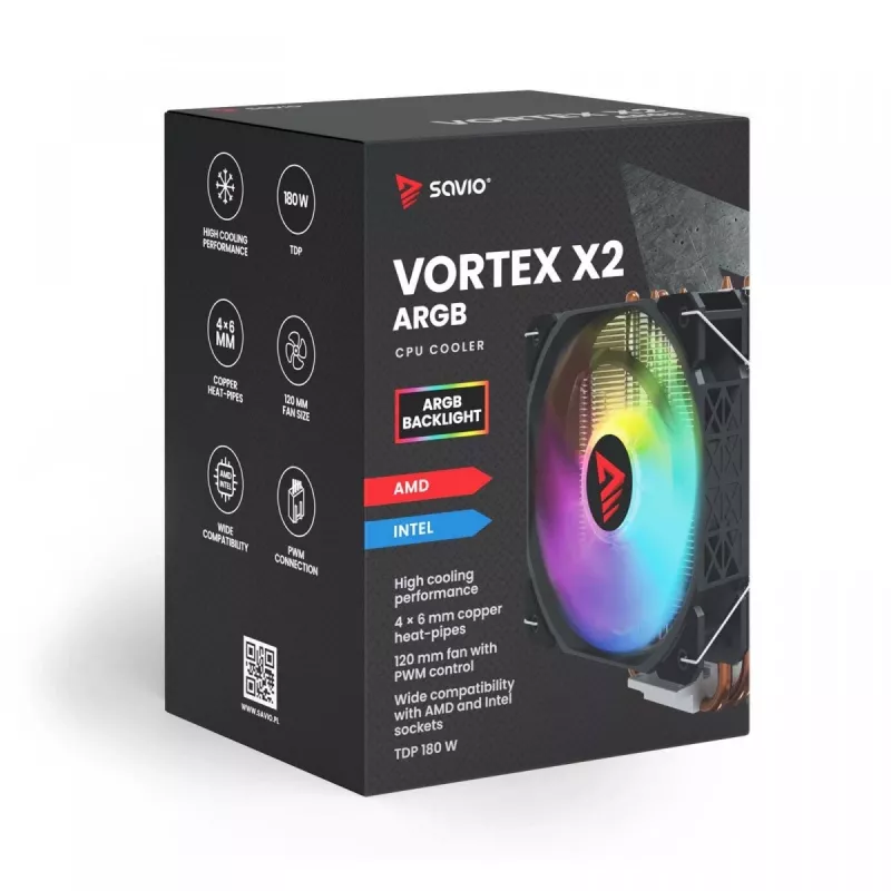 Dissipador de CPU SAVIO SAVGCOVORTEXX2ARGB com 4 heatpipes, ventoinha ARGB de 120 mm, preto