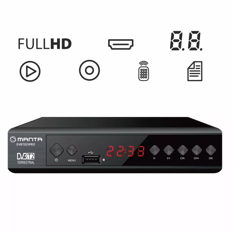 Recetor de TV digital MANTA DVBT025PRO DVB-T2 suporte Full HD gravação USB