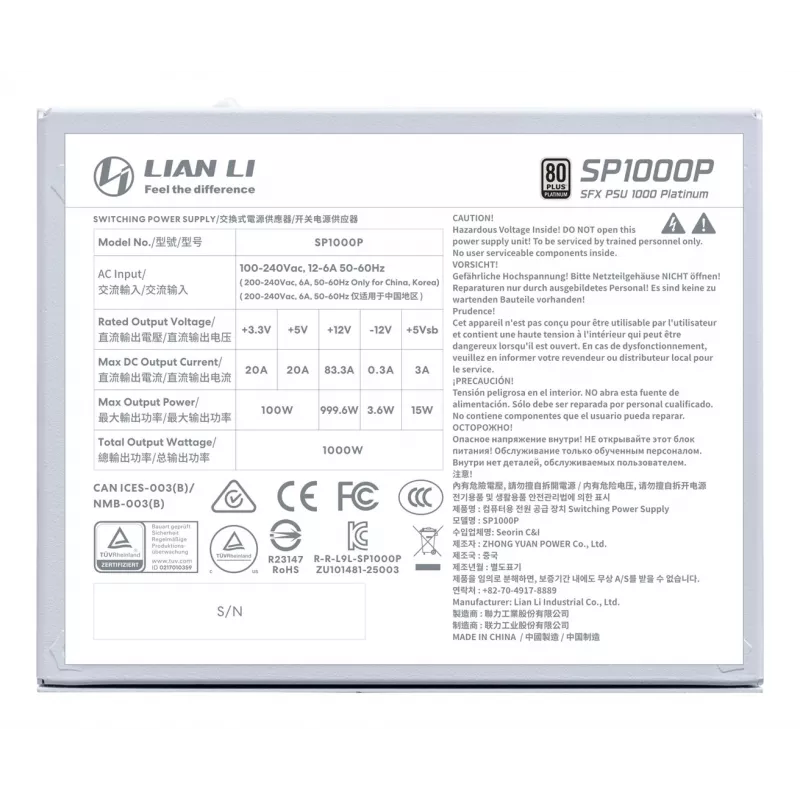 Fonte de alimentação Lian Li SP Series Platinum SFX totalmente modular PCIe 5.1 ATX 3.1 1000W (G9P.SP1000P.W000.EU)