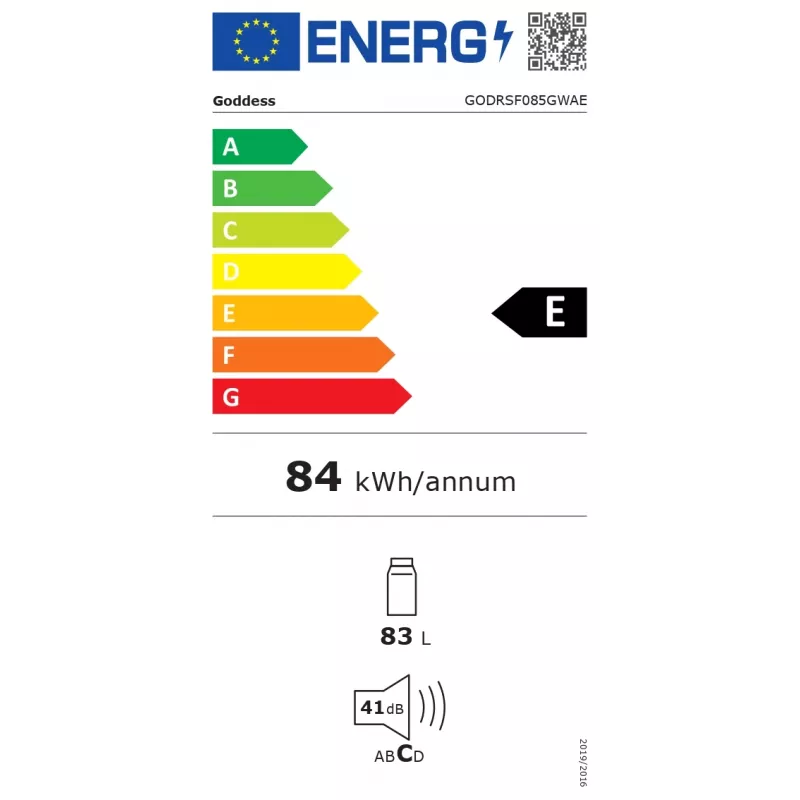 Frigorífico Goddess | GODRSF085GWAE | Classe de eficiência energética E | Independente | Frigorífico sem congelador | Altura 85 cm | Volume de refrigeração 83 L | 41 dB | Branco