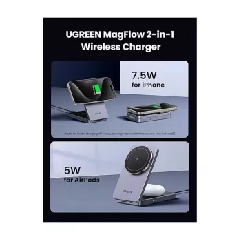 Carregador CA sem fios para interior UGREEN para auscultadores e smartphones W528, cinzento, proteção contra curto-circuito e subtensão