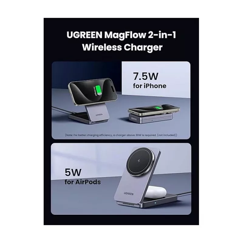 Carregador CA sem fios para interior UGREEN para auscultadores e smartphones W528, cinzento, proteção contra curto-circuito e subtensão