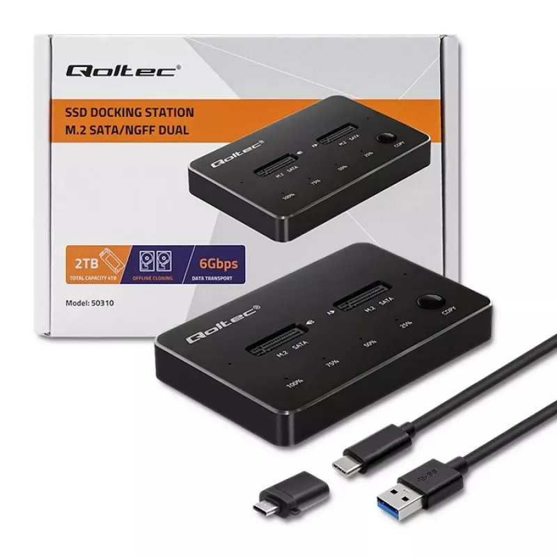 Estação de acoplagem Qoltec 50310 para 2x SSD M.2 SATA NGFF USB Type-C