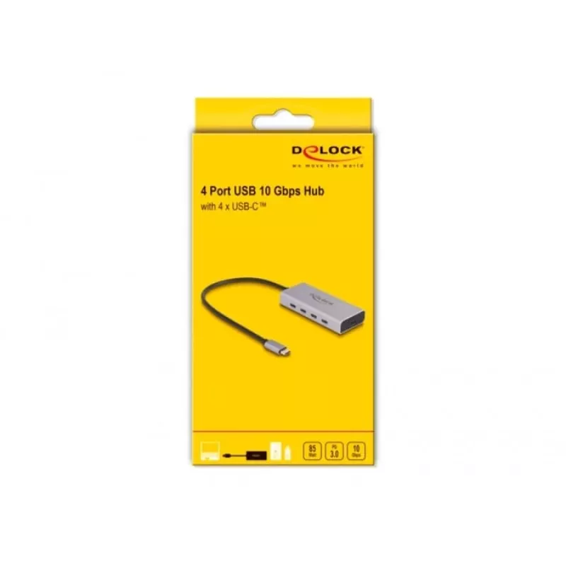 Hub USB DELOCK 10 Gbps Type-C 4 portas PD 85W cabo 30cm