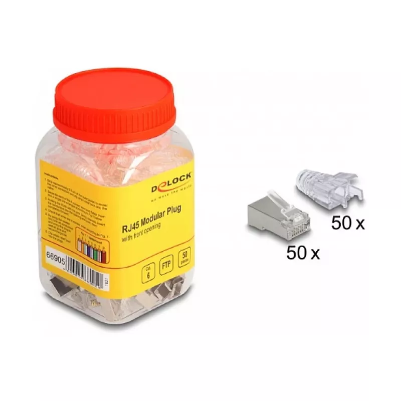 Ficha modular RJ45 DeLOCK Cat.6 50 unid. com bainhas de proteção anti-dobra