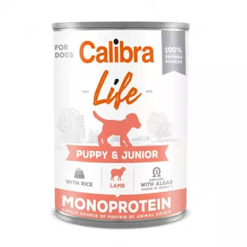 Comida húmida para cães Calibra Puppy & Junior borrego & arroz — 400 g, alimento completo para cachorros alérgicos, proteína 9,5 %, gordura 7,5 %