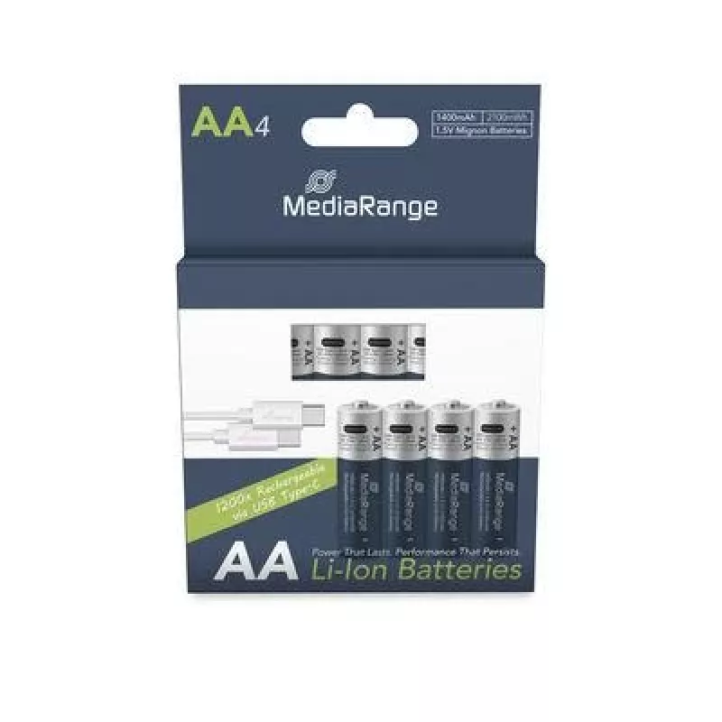 MediaRange MRBAT161 pilhas recarregáveis Li-Ion AA com USB-C, 1,5 V, 1400 mAh, 4 unid.