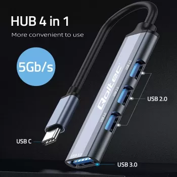 Hub USB QOLTEC 53792, USB-C 3.1 para 4 portas (USB 3.0 x1, USB 2.0 x3)