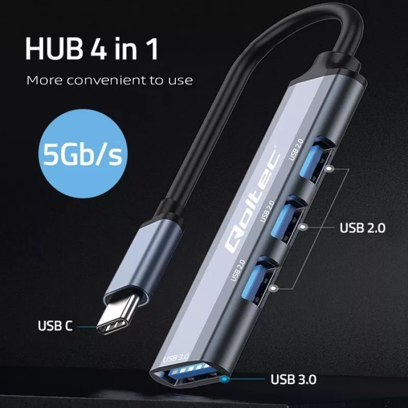 Hub USB QOLTEC 53792, USB-C 3.1 para 4 portas (USB 3.0 x1, USB 2.0 x3)