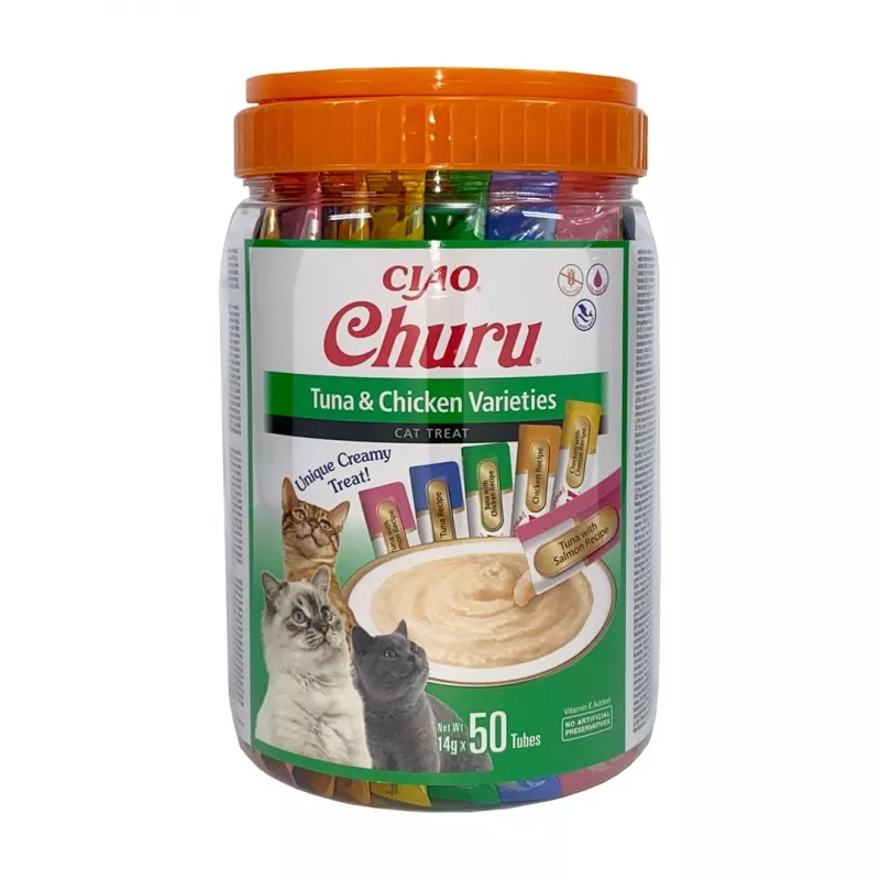 Petiscos húmidos para gatos INABA Churu sabores — frango e atum, 50 x 14 g tubos de pasta, sem cereais, sem glúten e sem açúcar