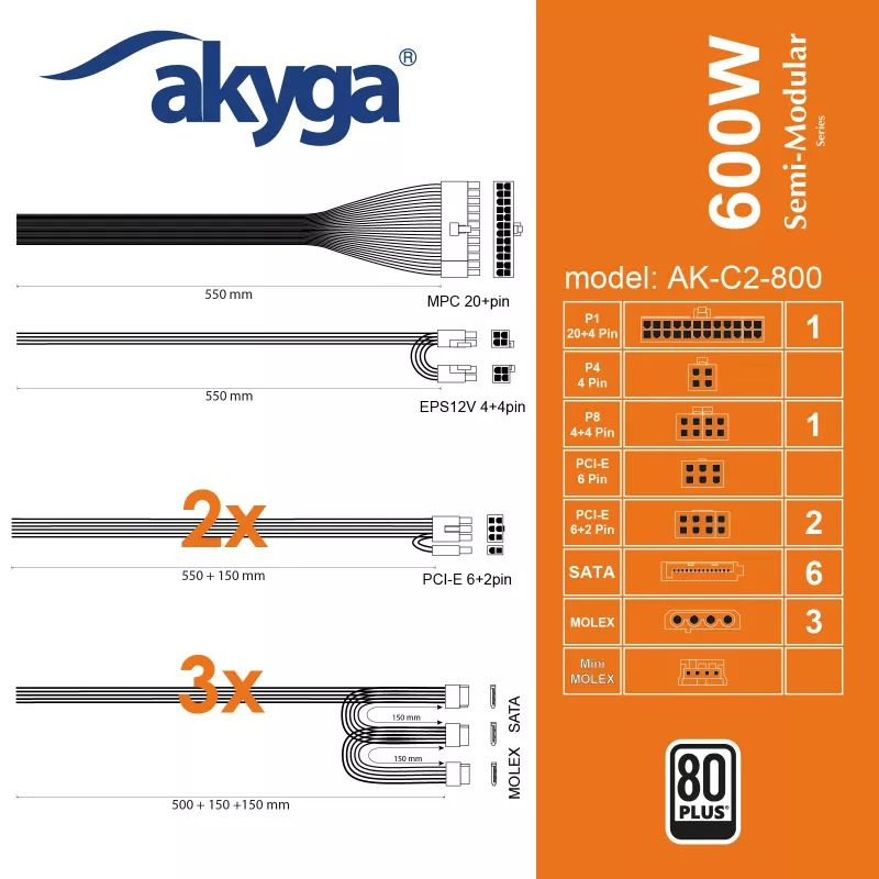 Fonte de alimentação ATX Akyga AK-C2-800 Classic 800 W, semimodular, PFC ativo, ventoinha de 120 mm