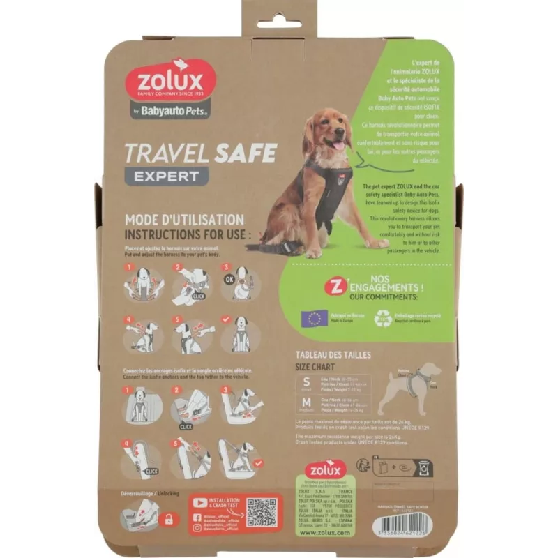 Arnês para cão ZOLUX TRAVEL SAFE M preto — tamanho M, arnês de segurança para viagem