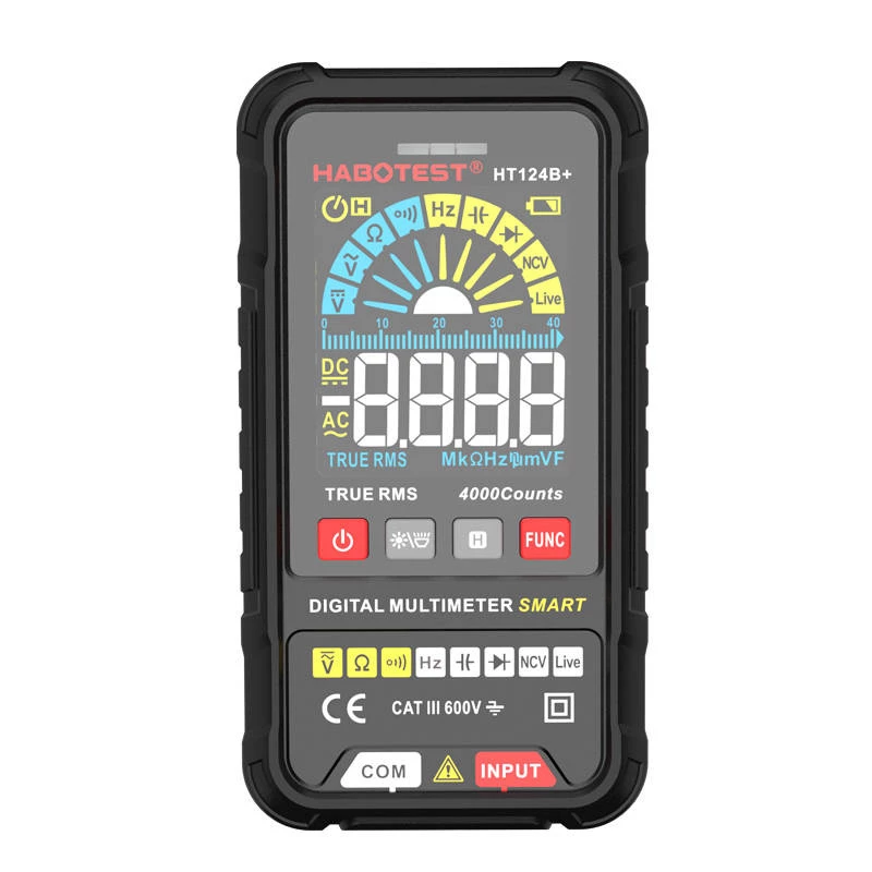 Multímetro digital Habotest HT124B+ — medição de tensão AC/DC e resistência