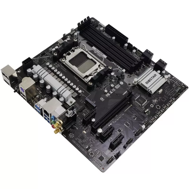Placa-mãe BIOSTAR A620MP-E PRO — AMD A620 microATX, socket AM5, DDR5, 4 DIMM, máx. 128 GB, LAN 2,5Gb
