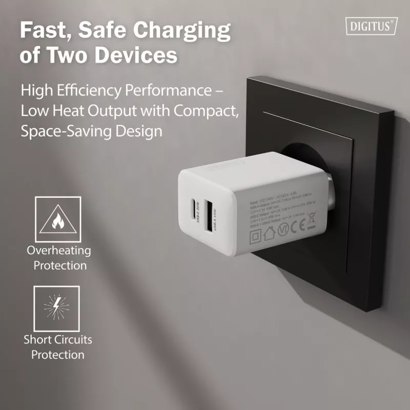 Carregador USB GaN de interior DIGITUS DA-10301 — 30W, 1× USB-C, 1× USB-A, 100–240V, branco