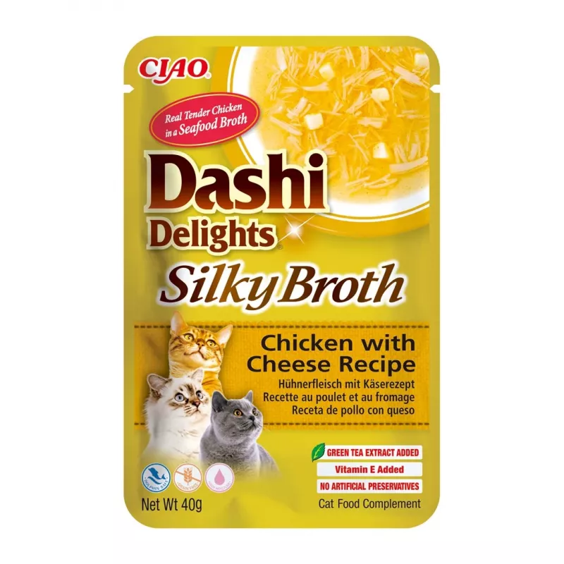 Snack húmido para gatos INABA Dashi Delights caldo sedoso de frango com queijo 40 g saqueta de porção individual