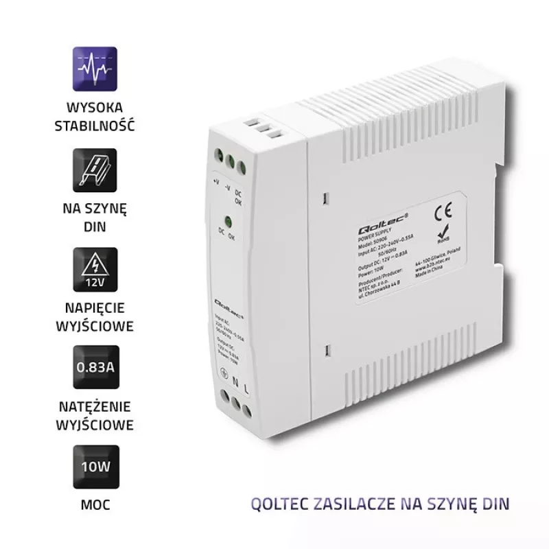 Fonte de alimentação para calha DIN 10W, 12V, 0,83A, slim