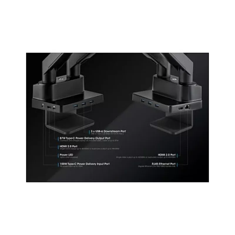 Suporte de secretária duplo Manhattan para TV e monitores (Full Motion mola a gás) com dock integrado, para ecrãs até 27 polegadas, ligações (x7): Ethernet, HDMI (x2), USB-A (x3) e USB-C, Power Delivery (100 W) para a ligação USB-C (requer fonte de alimentação/cabo USB-C separado), VESA: 75x75 e 100x100 mm