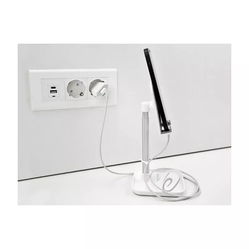 Suporte telescópico DeLOCK para smartphone e tablet com prateleira, prateado/branco
