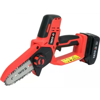 Motosserra a bateria YATO YT-828135 — 18V Li-Ion 2Ah, guia 10 cm, 3200 rpm, velocidade da corrente 4,8 m/s, 26 elos
