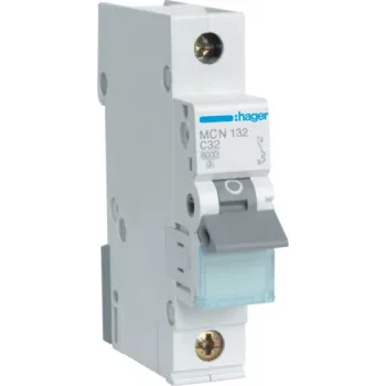 Hager MCN132. Número de polos: 1P. Frequência de rede: 50/60 Hz, corrente nominal: 32 A. Largura: 17,5 mm, profundidade: 70 mm, altura: 83 mm (MCN132)