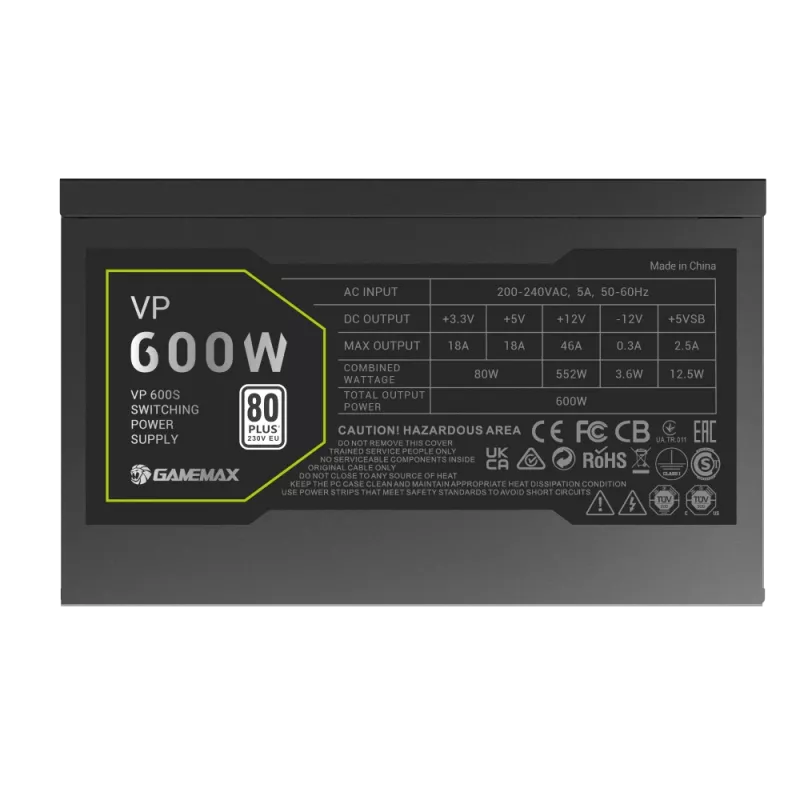 Fonte de alimentação Gamemax, 80 PLUS, Standard | VP 600S | 600 W