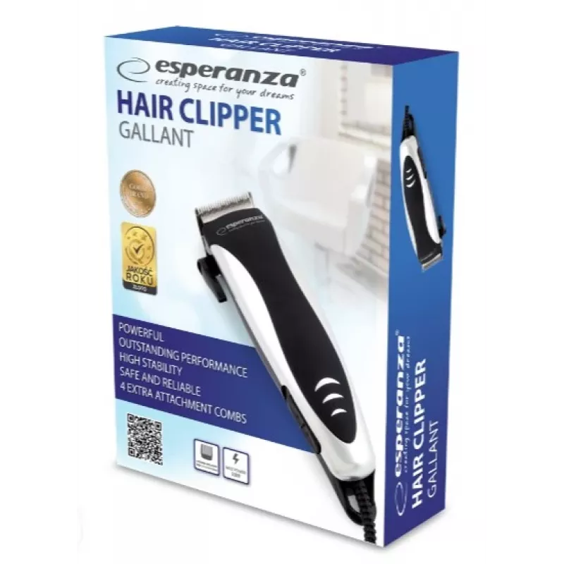 Máquina de cortar cabelo com fio ESPERANZA EBC005 – lâmina de 40 mm, comprimento 1,2–12 mm, 10 W, preto/branco