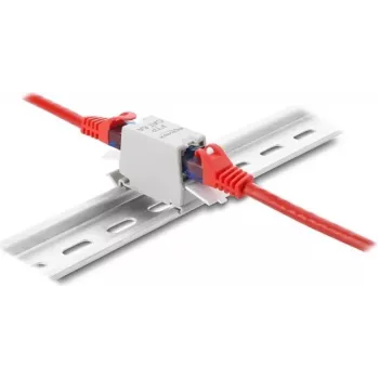 Conector fêmea DELOCK RJ45 Cat.6A fêmea para fêmea com tampa de proteção contra pó, blindado, montagem em calha DIN, cinzento/branco