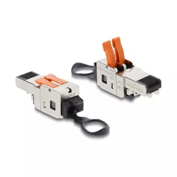 Ficha RJ45 DELOCK com fecho de aperto de 2 polos +/− sem ferramentas, conector de alimentação composite, ficha, preto/aço inoxidável
