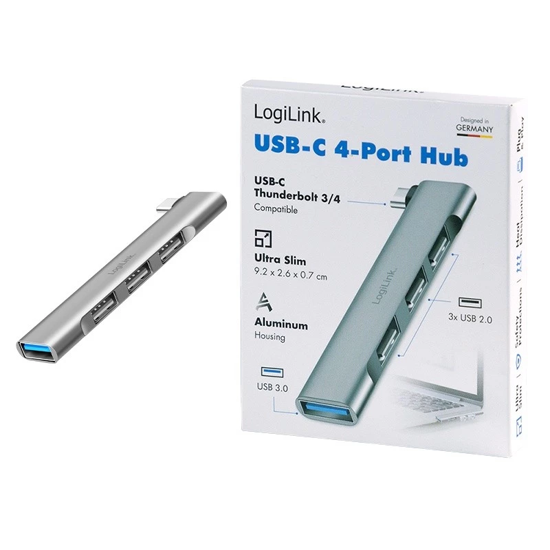 Hub USB 3.2 Gen1 LogiLink 4 portas USB-C 1x USB3.0 AF 3x USB2.0 AF UA0437