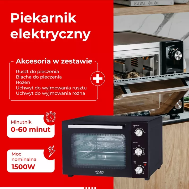 Forno de mesa compacto elétrico Adler AD 6026 – capacidade 48 l, 1800 W, de instalação livre, temporizador mecânico