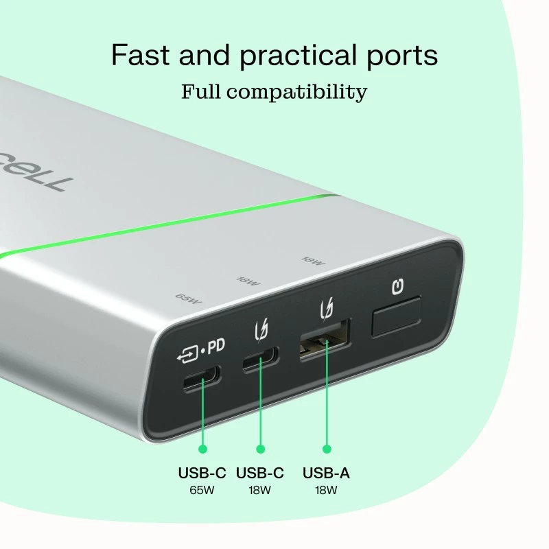 Bateria portátil Green Cell BPLGC20P 20800 mAh de iões de lítio, USB-C PD 65W, 2x USB-C + 1x USB-A, caixa em alumínio