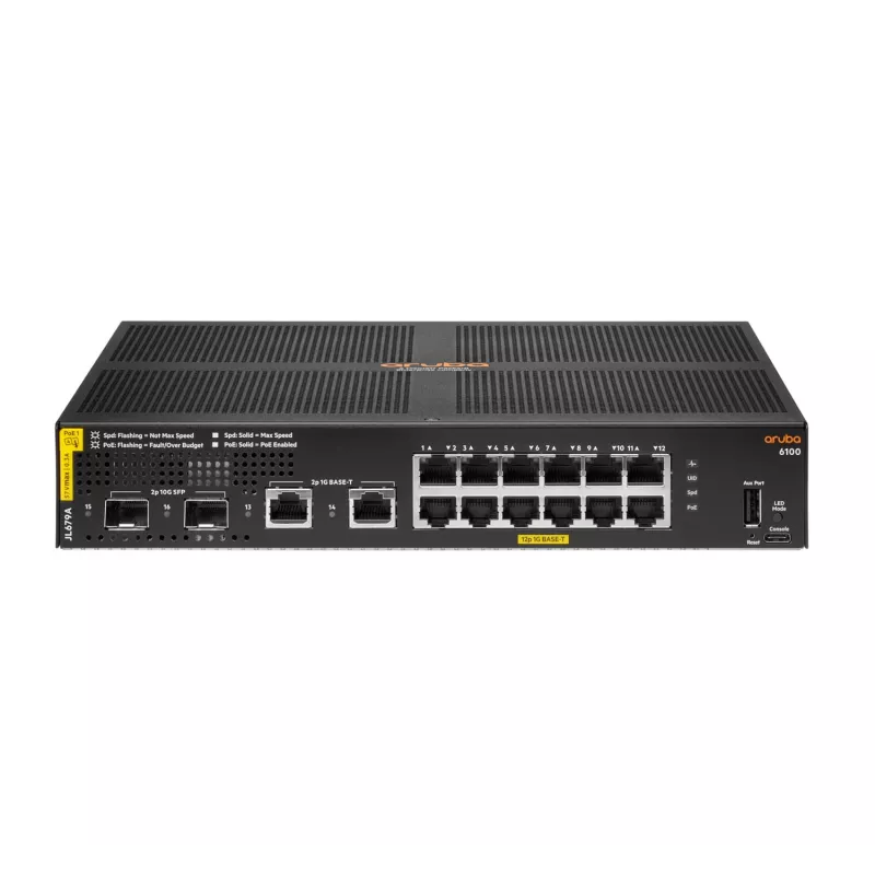 HPE Aruba Networking 6100 12G Class4 PoE 2G/2SFP+ 139W Managed L3 Gigabit Ethernet (10/100/1000) Power over Ethernet (PoE) 1U preto
