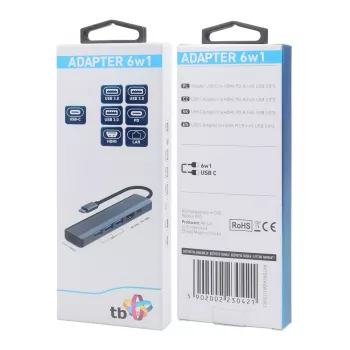 Adaptador HUB USB C 6in1 - HDMI, USBx3, PD, RJ-45