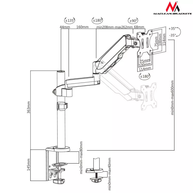 Suporte de monitor de secretária MACLEAN MC-775 para ecrãs de 32 polegadas (81,3 cm), VESA 75x75–100x100, até 8 kg, cinzento
