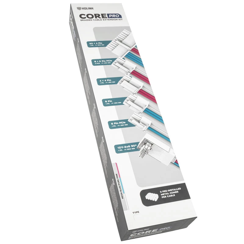 Kit de cabo/adaptador Kolink Core Pro 12V-2x6 Type 2 extensão entrançada – Brilliant White/Neon Blue/Pure