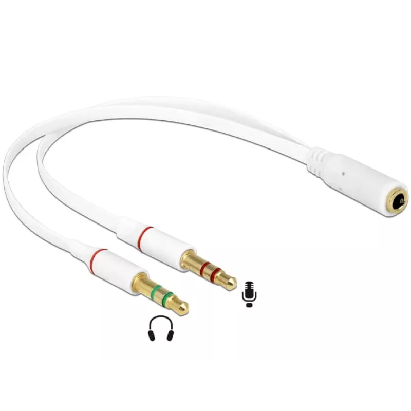 DeLOCK 65585 adaptador para auscultadores com microfone, 3,5 mm de 4 pinos fêmea para 2x 3,5 mm de 3 pinos macho, 0,2 m, branco