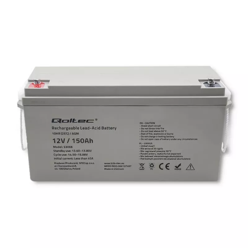 Bateria AGM Qoltec 53068 | 12V | 150Ah | máx. 2250A