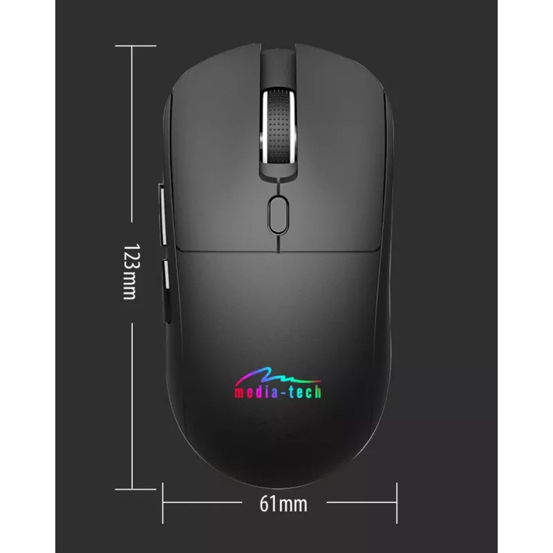 Rato sem fios MEDIA-TECH MT1124 BT/RF Silent & Recharge — ambidestro, 3200 DPI, Bluetooth + 2,4 GHz USB, 6 botões, recarregável