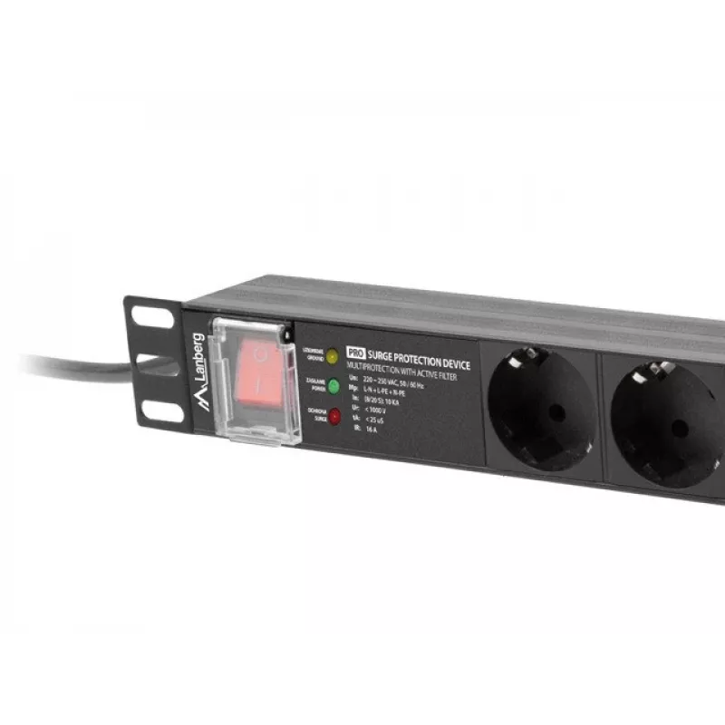 Unidade de distribuição de energia LANBERG PDU-PRO-07F-0200-BK — PDU de rack 1U, 7 tomadas Type-F, 16 A, cabo de 2 m, preto