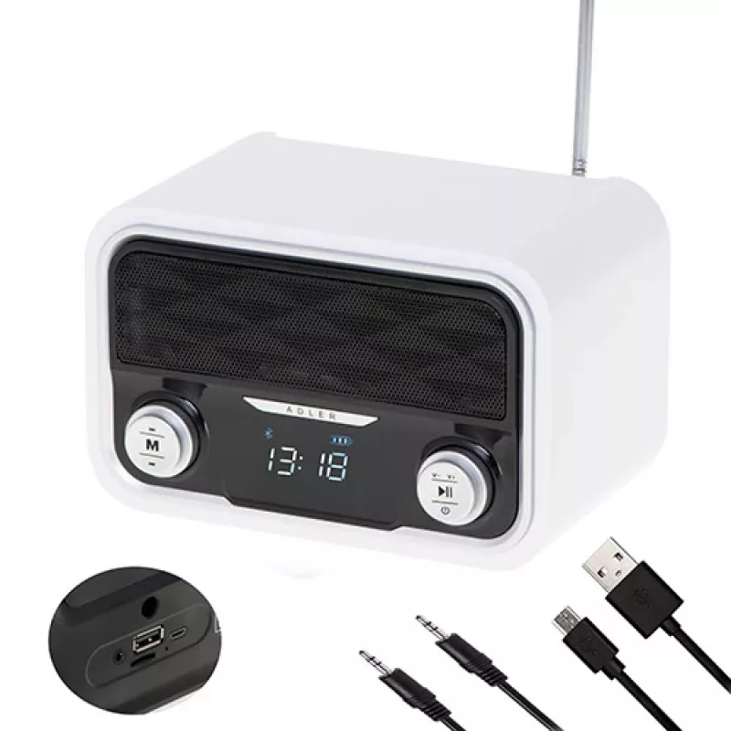 Rádio portátil Adler AD 1185 – FM, Bluetooth 4.0, MP3, cartão SD, AUX, bateria 1800 mAh, ecrã LCD, carregamento Micro-USB