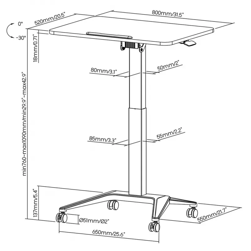 Mesa móvel para portátil MACLEAN MC-453W com ajuste de altura pneumático, altura máx. 109 cm