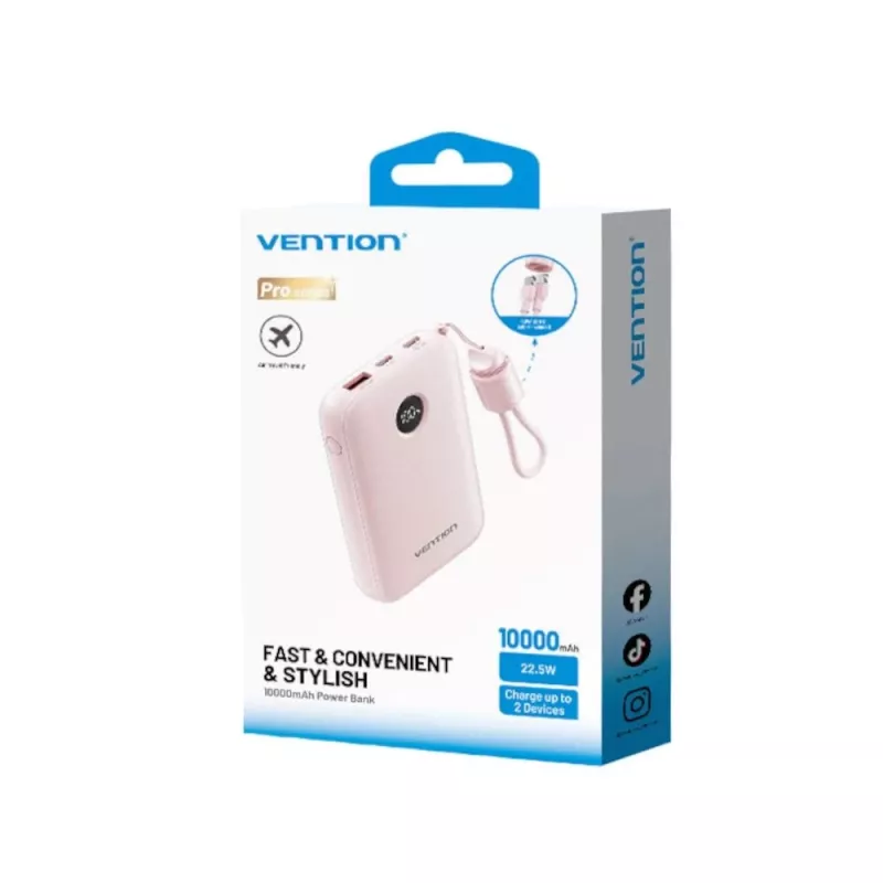 Powerbank Vention FKAP0-C 10000 mAh, 2× USB-C + 1× USB-A, 22,5 W, rosa