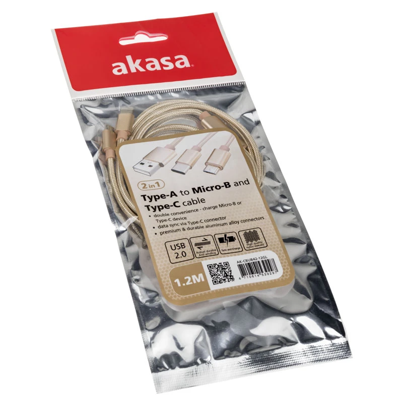 Cabo USB Akasa AK-CBUB42-12GL 1,2 m USB 2.0 USB A USB C/Micro-USB B dourado (AK-CBUB42-12GL)