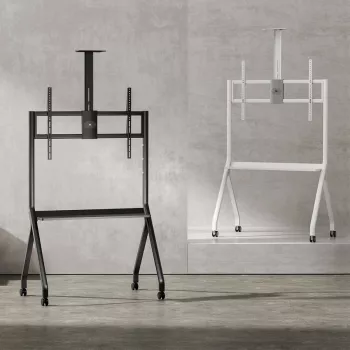 Suporte de TV MACLEAN MC-114 B suporte de chão portátil para ecrãs de 55–100 polegadas, carga máx. 120 kg, VESA 200x200–900x600, altura 115–152 cm, preto, prateleira
