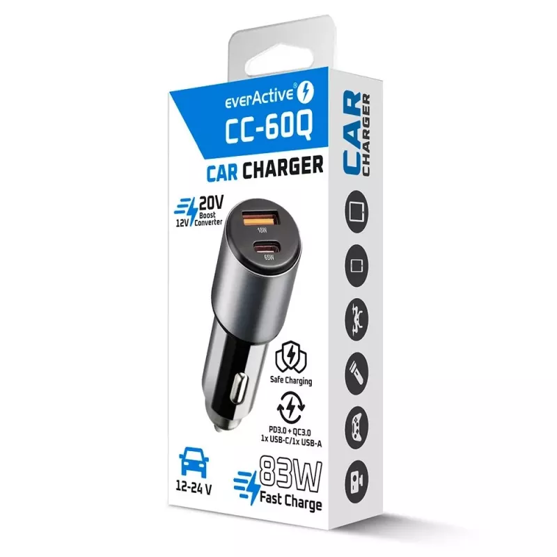 Carregador de automóvel everActive CC-60Q, QC3.0, até 83W, adaptador USB para automóvel