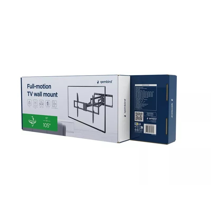 Suporte de parede de TV articulado GEMBIRD WM-105ST-01 para televisores de 50–105 polegadas, suporte de aço orientável, máx. 75 kg, VESA 200x100–900x600